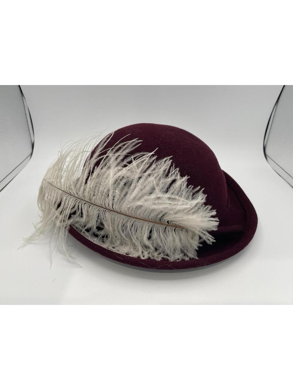 Vintage Chelton Wool hat with Ostrich Feather Detail Burgundy Sz 7 Brim 2”
